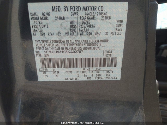 2008 FORD ESCAPE XLT VIN: 1FMCU93108KA02787