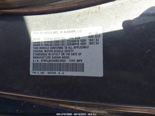 Honda ODYSSEY LX 2019 5FNRL6H24KB010932 Image 9