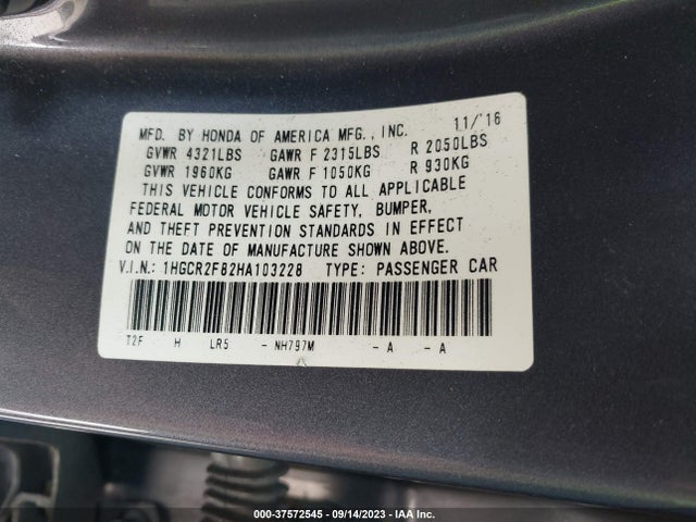 Honda Accord Ex-l 2017 1HGCR2F82HA103228 Image 9