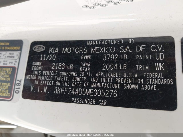2021 KIA FORTE LXS VIN: 3KPF24AD5ME305276
