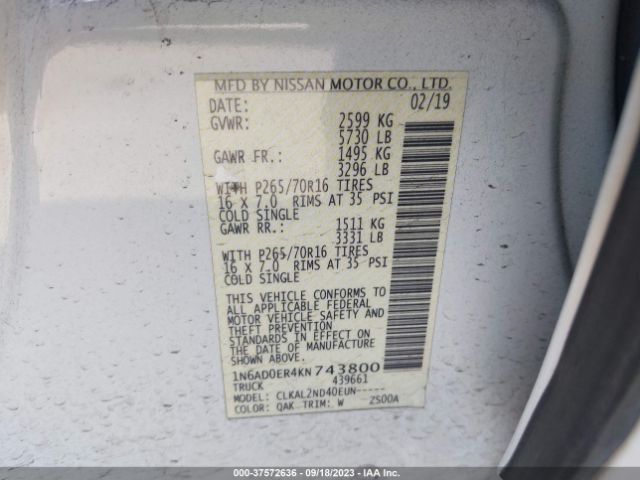 1N6AD0ER4KN743800 Nissan Frontier Sv
