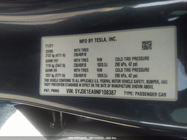 5YJ3E1EA9NF108387 Tesla MODEL 3