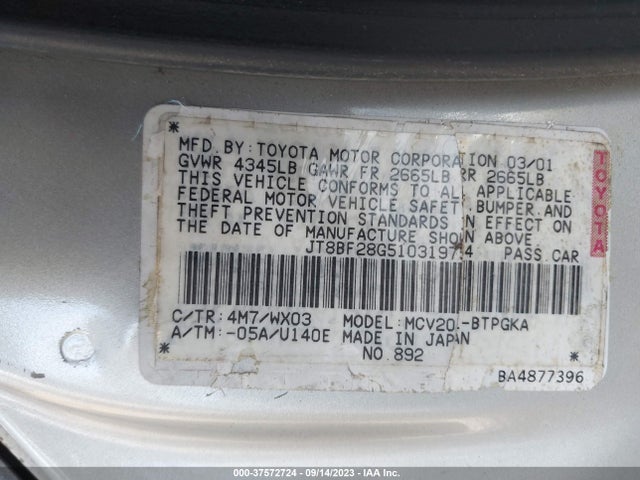2001 LEXUS ES 300 VIN: JT8BF28G510319754