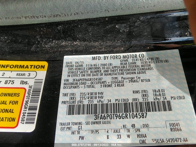 2016 FORD FUSION SE VIN: 3FA6P0T96GR104587