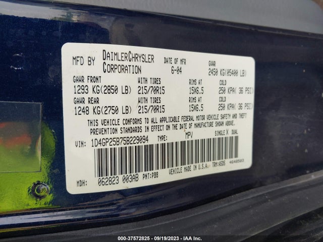 2005 DODGE CARAVAN SE VIN: 1D4GP25B75B229094