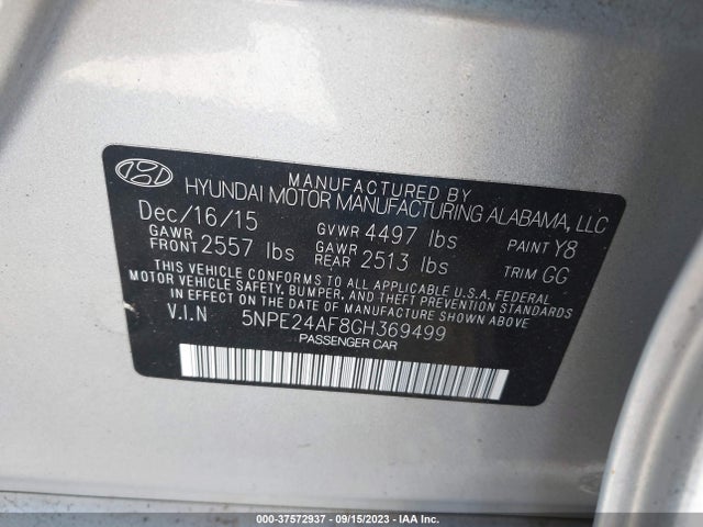 2016 HYUNDAI SONATA SE VIN: 5NPE24AF8GH369499