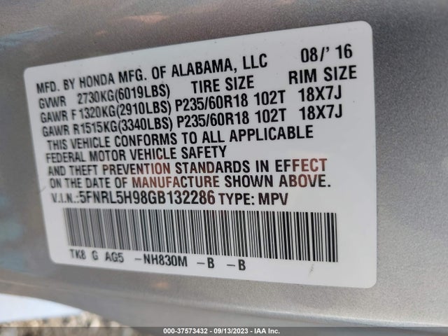 Honda Odyssey Touring 2016 5FNRL5H98GB132286 Image 15