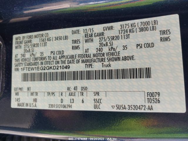 1FTEW1EG2GKD21049 Ford F-150 Xlt/xl/lariat/platinum