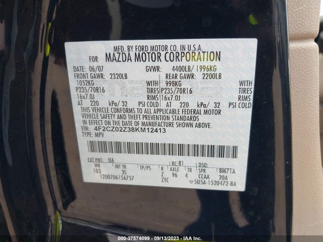 2008 MAZDA TRIBUTE TOURING VIN: 4F2CZ02Z38KM12413