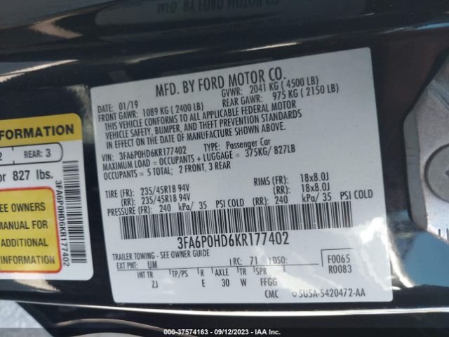 3FA6P0HD6KR177402 Ford FUSION SE