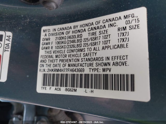 Honda Cr-v Ex-l 2015 2HKRM4H77FH643669 Image 9