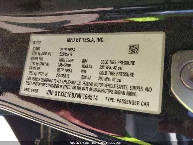 2022 Tesla 3, VIN: 5YJ3E1EBXNF154514