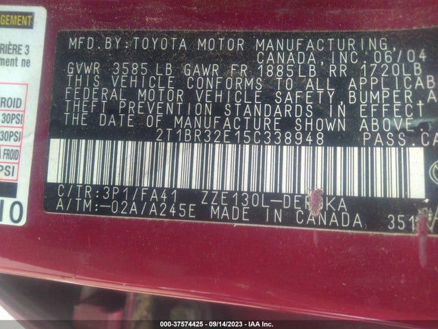 2005 TOYOTA COROLLA CE/S/LE VIN: 2T1BR32E15C338948