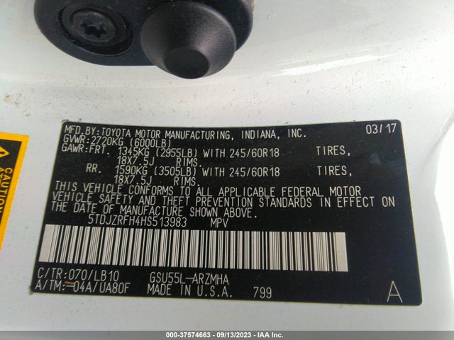 Toyota Highlander Xle/se 2017 5TDJZRFH4HS513983 Image 9