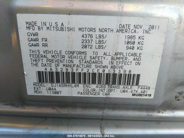 2012 MITSUBISHI GALANT ES/SE VIN: 4A32B3FF2CE013398
