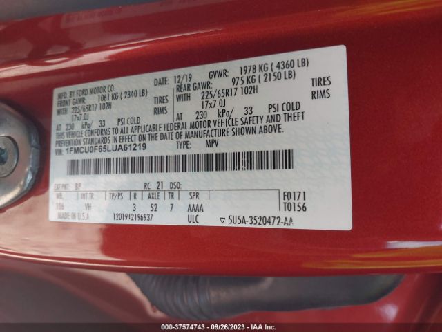 1FMCU0F65LUA61219 Ford ESCAPE S