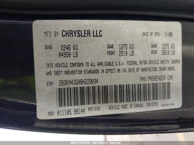 2008 DODGE CHARGER VIN: 2B3KA43G08H229034