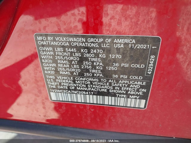 1V2WC2CA7NC205417 Volkswagen Atlas Cross Sport 2.0t Se W/technology