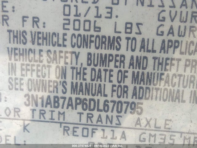 2013 NISSAN SENTRA SV VIN: 3N1AB7AP6DL670795