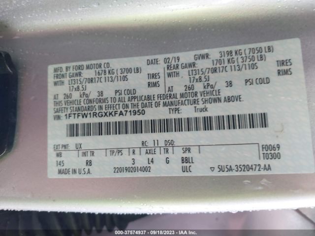 1FTFW1RGXKFA71950 Ford F-150 Raptor