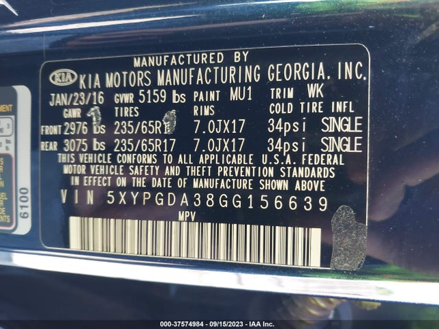 2016 KIA SORENTO LX VIN: 5XYPGDA38GG156639