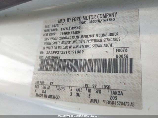 2001 FORD FOCUS ZX3 VIN: 3FAFP31381R191089