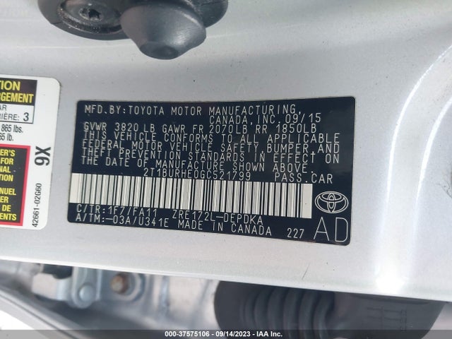 2016 TOYOTA COROLLA L/LE/S/S PLUS/LE PLUS VIN: 2T1BURHE0GC521799