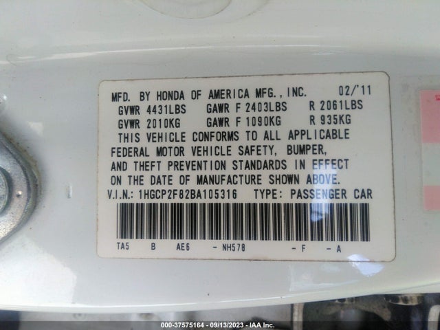 2011 HONDA ACCORD SDN EX-L VIN: 1HGCP2F82BA105316