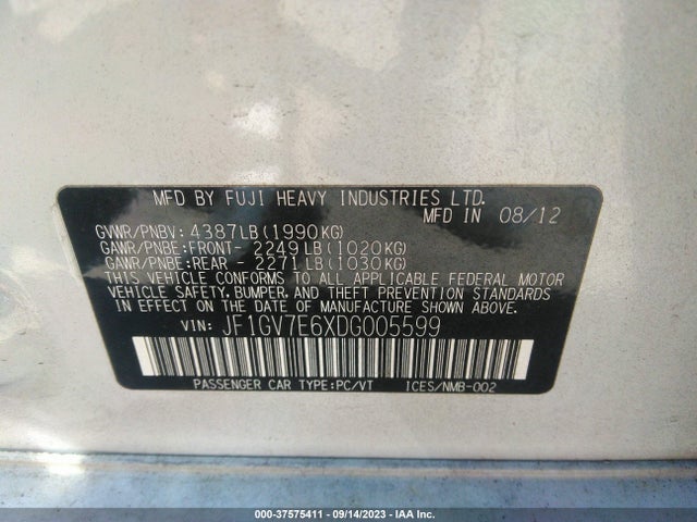 2013 SUBARU IMPREZA SEDAN WRX WRX VIN: JF1GV7E6XDG005599