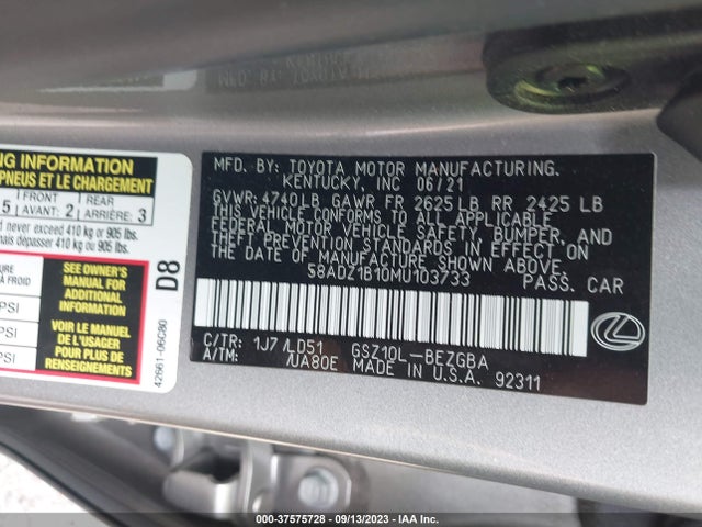2021 Lexus ES, VIN: 58ADZ1B10MU103733