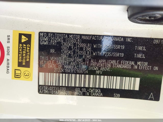 2T2ZK1BA1FC168754 Lexus RX 350