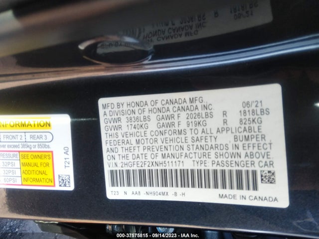Honda Civic Sedan Lx 2022 2HGFE2F2XNH511171 Image 9