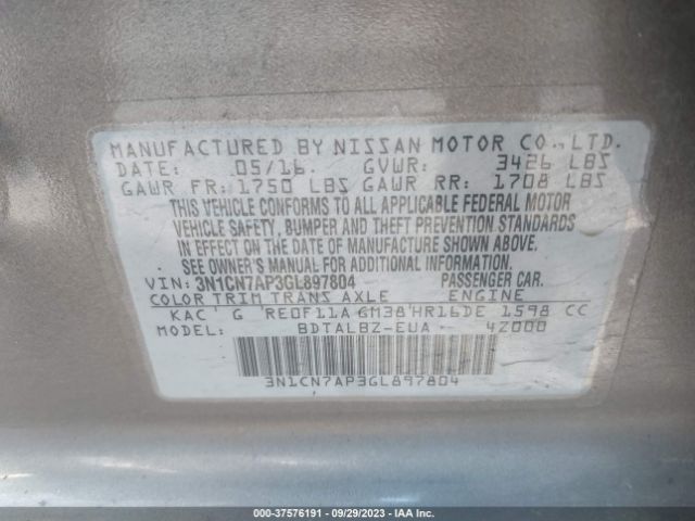 3N1CN7AP3GL897804 Nissan VERSA SV