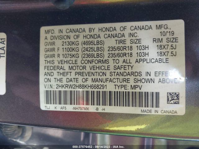 2HKRW2H88KH668291 Honda Cr-v Ex-l