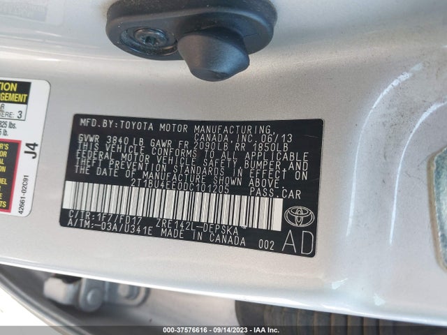 2013 TOYOTA COROLLA L/LE/S VIN: 2T1BU4EE0DC101205