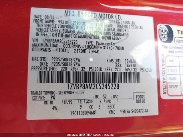 2012 FORD MUSTANG V6 VIN: 1ZVBP8AM2C5245228