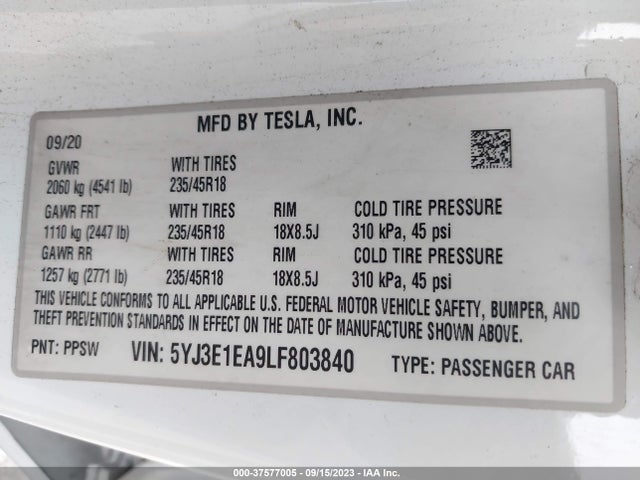 2020 Tesla 3, VIN: 5YJ3E1EA9LF803840