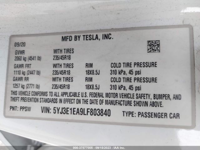 5YJ3E1EA9LF803840 Tesla Model 3 Standard Range