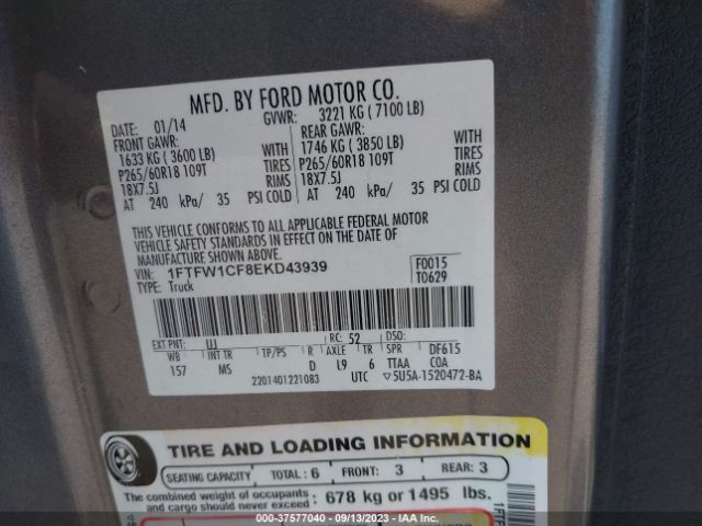 1FTFW1CF8EKD43939 Ford F-150 Xl/stx/xlt/fx2/lariat