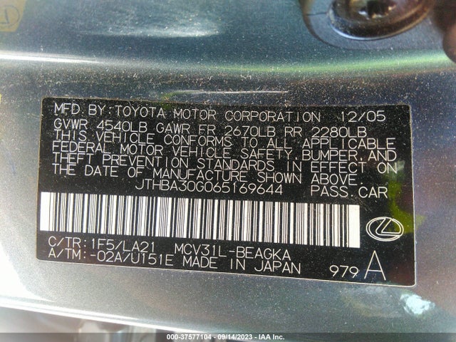 2006 LEXUS ES 330 VIN: JTHBA30G065169644