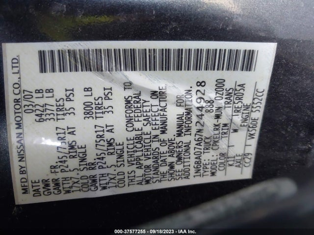 2007 NISSAN TITAN XE VIN: 1N6BA07A67N244928