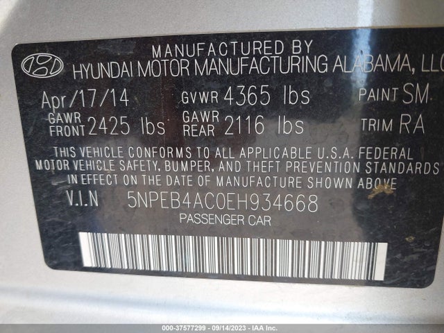 2014 HYUNDAI SONATA GLS VIN: 5NPEB4AC0EH934668