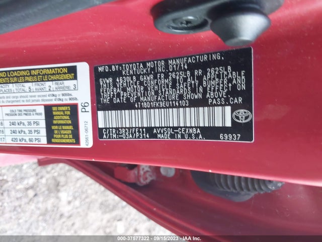2014 TOYOTA CAMRY HYBRID VIN: 4T1BD1FK9EU114103
