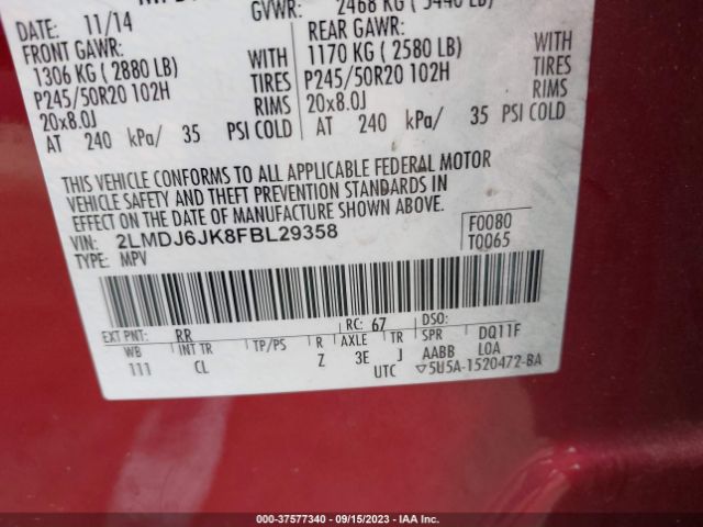 2LMDJ6JK8FBL29358 Lincoln MKX