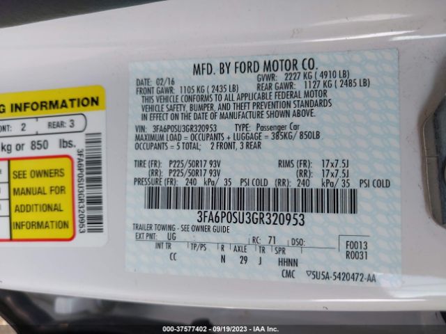 3FA6P0SU3GR320953 Ford Fusion Energi Titanium