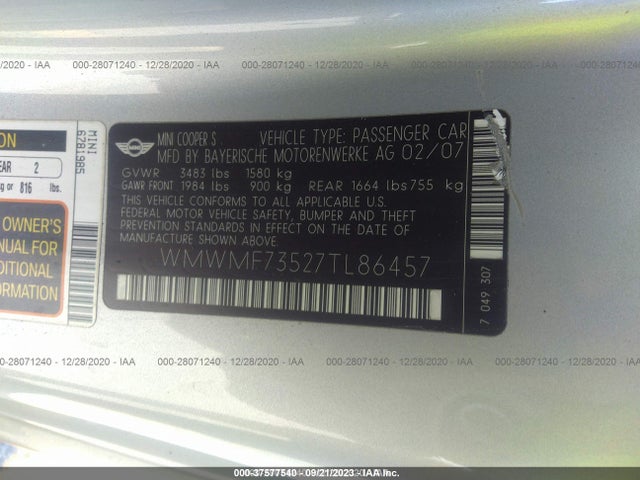 2007 MINI COOPER HARDTOP WMWMF73527TL86457 Photo 8