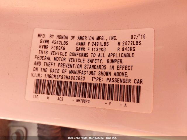 1HGCR3F93HA003623 Honda Accord Sedan Touring