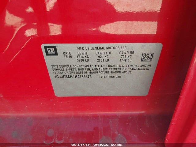 Chevrolet SONIC LT 2017 1G1JD5SH1H4136675 Image 9