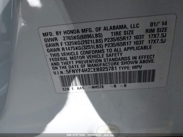 Honda PILOT LX 2014 5FNYF4H22EB025781 Image 9