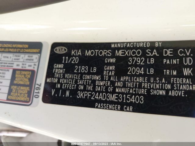3KPF24AD3ME315403 KIA Forte Lxs